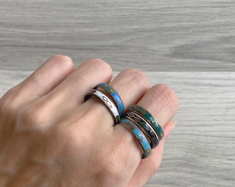 Vintage 70s Colorful Enamel Cloisonné Ring, Floral Slim Band, Retro Stacking Handcrafted Jewelry Ring (Multiple Sizes)