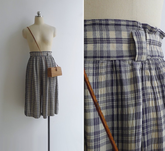 Vintage 90's Cream & Navy Check Culotte Wide Leg T