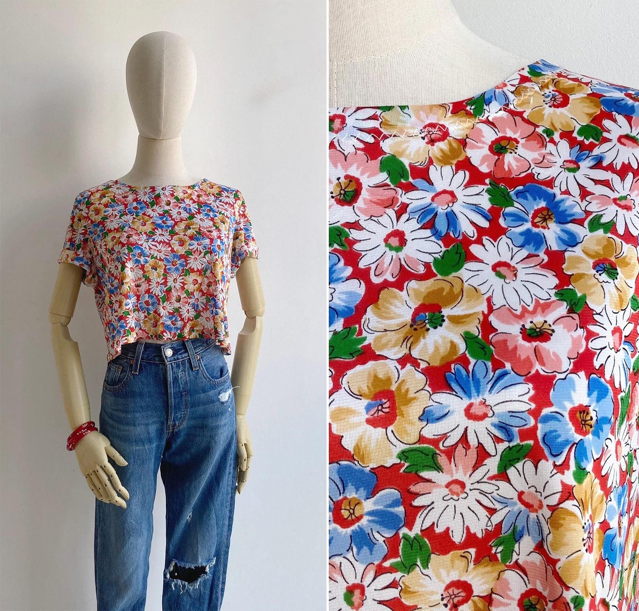 Vintage 70s Puccini Knit Red Daisy Floral Crop Top XS S M, Retro