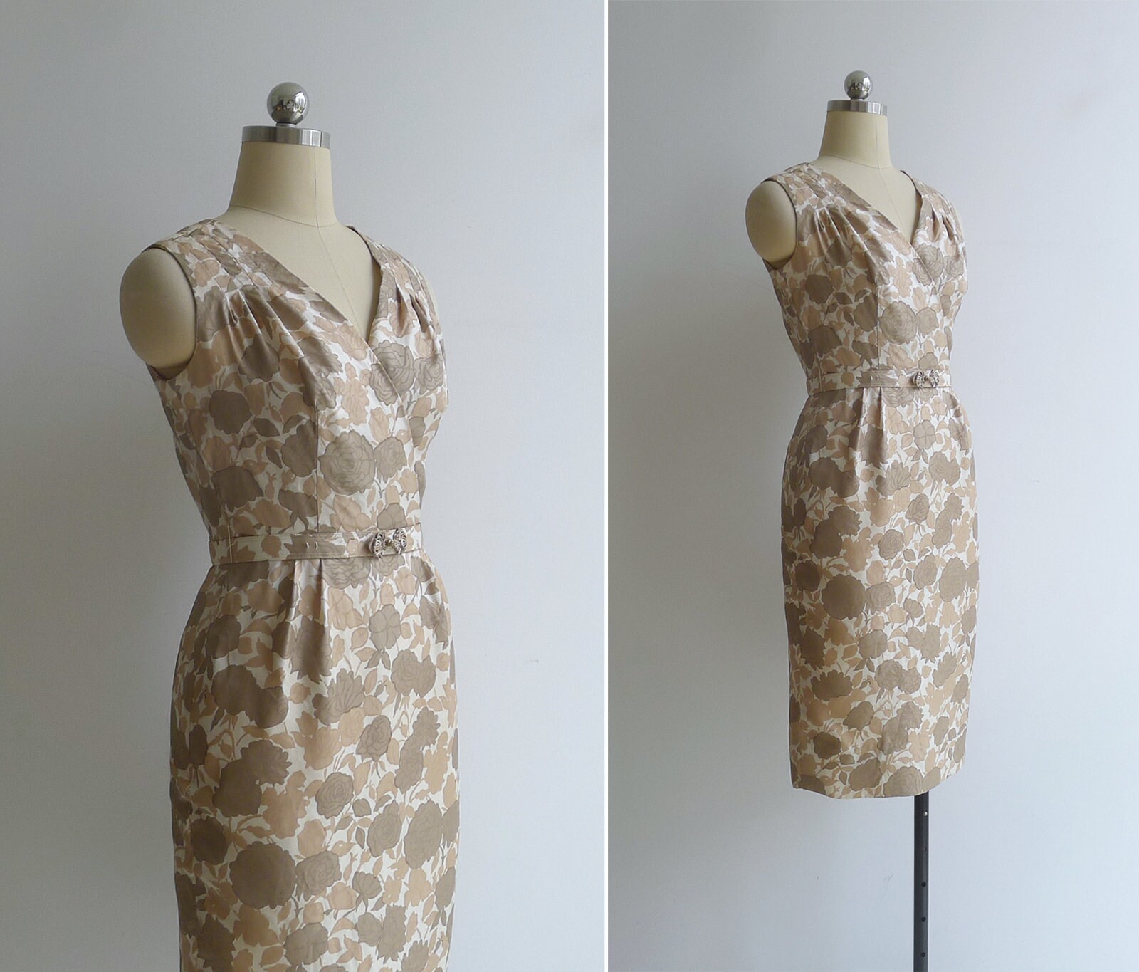 Vintage 50's Beige Rose Silk Wiggle Dress With Belt XS | Etsy