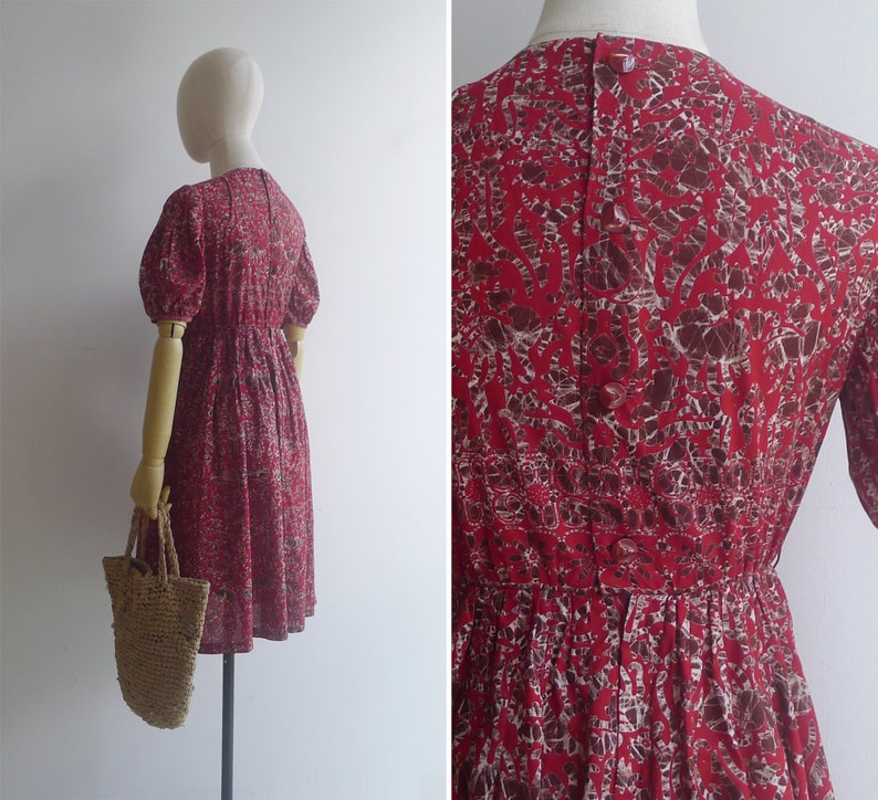 Vintage '80s Deep Red Novelty Batik Print Cotton Dress XS image 6