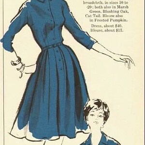 May include: Vintage fashion advertisement featuring a woman in a blue dress with a button-down design and a matching belt. The illustration is in a retro style, with the text "Tanner of North Carolina" at the top.