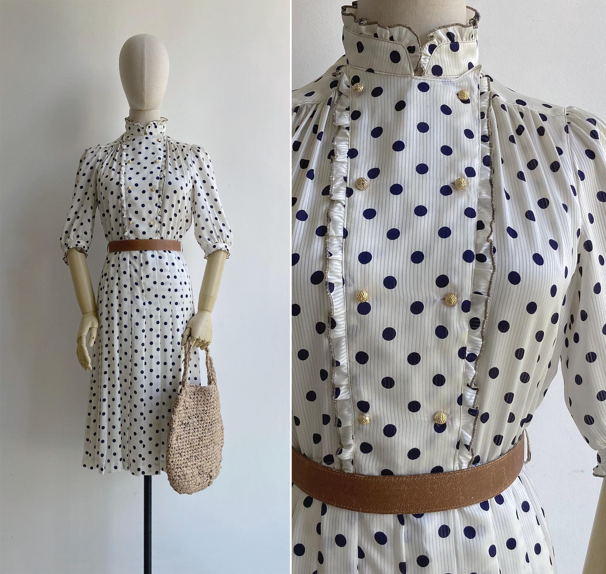 【RIXO】Amari レーストリム ポルカドット 水玉 青 ミディドレス Navy polka dot dresses midi - Etsy 日本