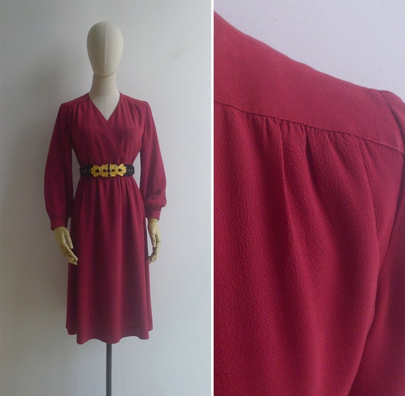 Vintage '80s Ruby Red V-Neck Midi Dress XS-S - image 2
