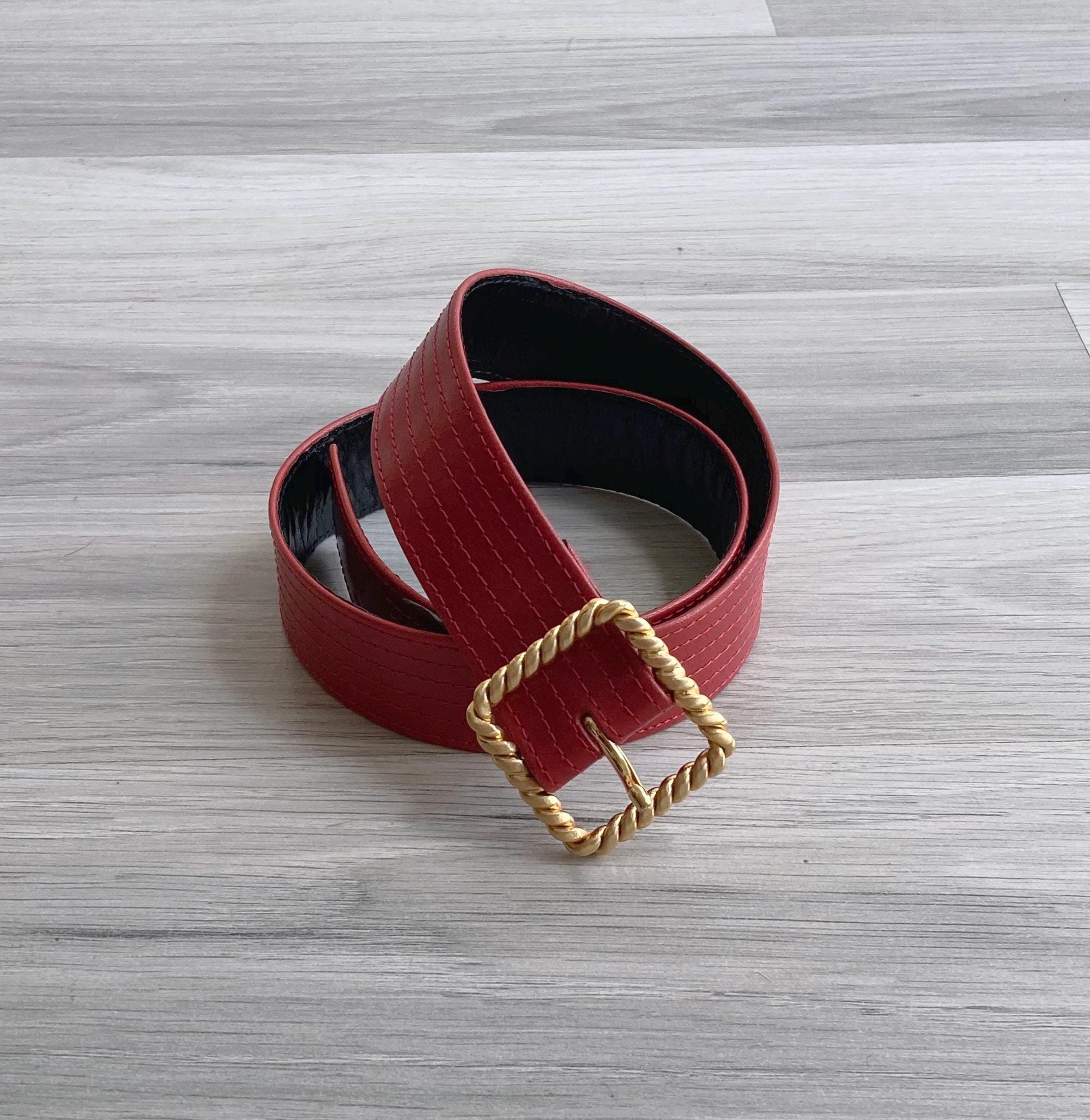 Vintage 1980s Red Faux Leather Belt With Gold Twist Square