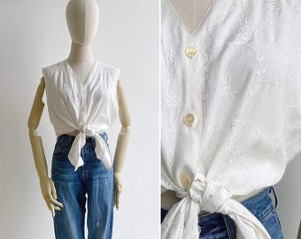 Vintage 90-tals Boho Rayon Broderad Tunika Linne M-L, Vit Avslappnad Sommarblus