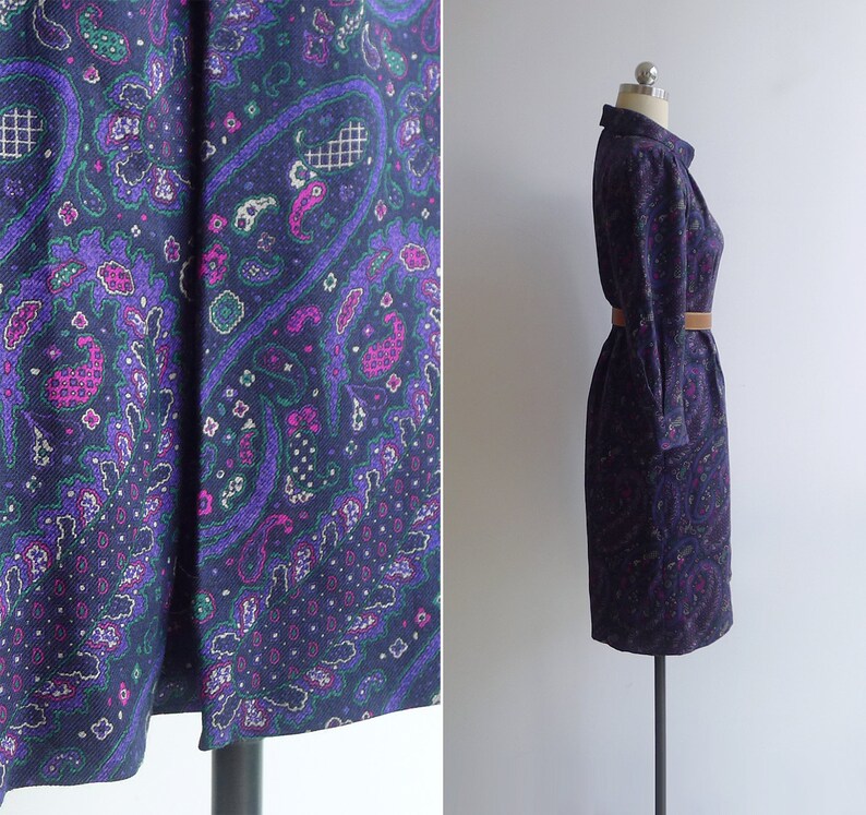 Vintage 80's Mod Purple Paisley Print Turtleneck Dress | Etsy