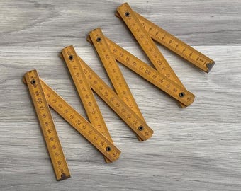 Vintage Bright Yellow Wooden Folding Ruler, 1 Metre, Industrial Style Retro Stationery