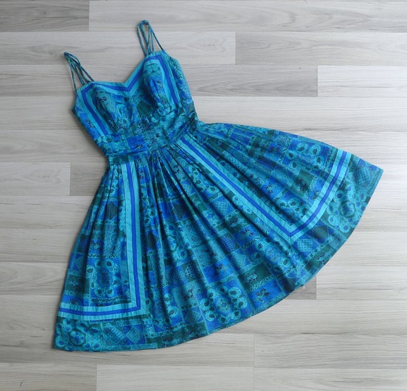 Vintage 50's 'Alix of Miami' Blue Cotton Printed D