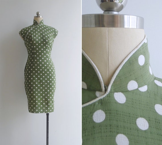 Vintage 50's Olive Green Polka Dot Hourglass Silk