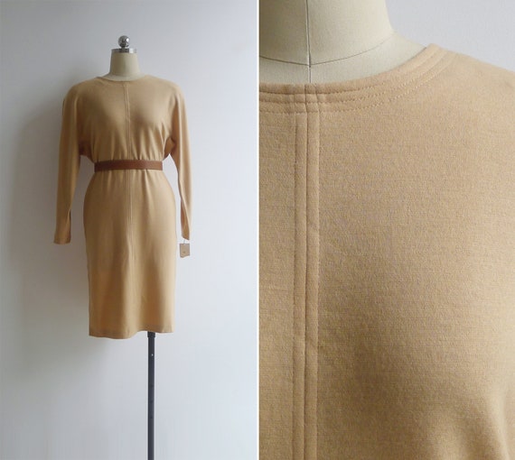 SALE - Vintage '80s Camel Tan Wool Batwing Shift … - image 1