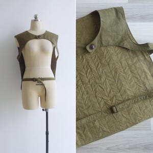 Vintage 1950s 1960s Military Surplus Green Quilted Canvas Vest S M L, Adjustable Waist Buckle Army Workwear Unisex