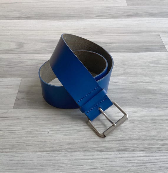 Vintage 1970s Patina Blue Wide Leather Belt XS S M L, Retro Bright Chunky Wasp Waist Cincher