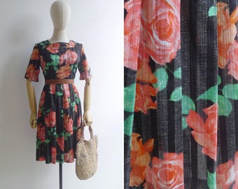 Vintage 80s Coral Pink Rose Floral Charcoal Striped Dress S-M, Retro Feminine Square Neck Midi