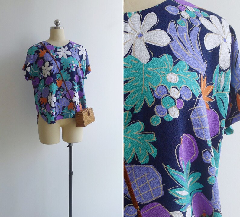 Vintage 80's Neon Electric Tutti Frutti Abstract Print Blouse M-L 