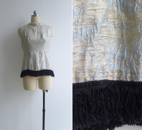 Vintage 60's Blue & Gold Silk Brocade Shell Top wi