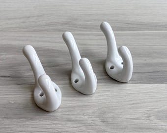 Vintage 50s White Porcelain Wall Hook - Double Hook, Ceramic, Customizable, DIY Home Decor