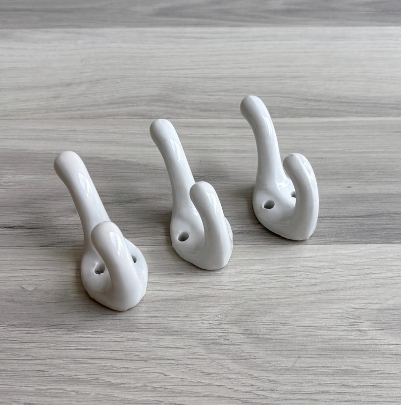 Vintage 50s White Porcelain Wall Hook - Double Hook, Ceramic, Customizable, DIY Home Decor image 1