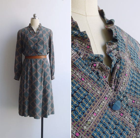 Vintage 80's 'Floral Tile' Geometric Print Ruffle