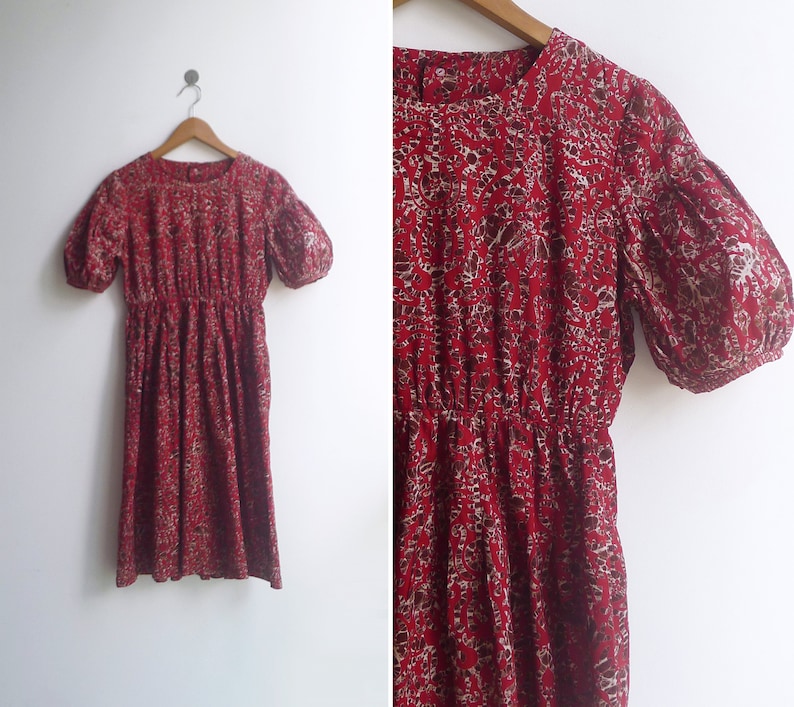 Vintage '80s Deep Red Novelty Batik Print Cotton Dress XS image 7