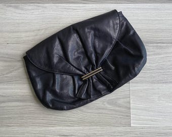 SALE* Vintage 80s Black Faux Leather Clutch Purse, Retro Gathered Envelope Shape with Gold Metal Flap Front