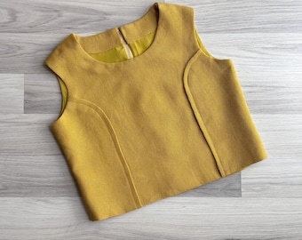 Vintage 60er Jahre Golden Olive Gelb Wolle Tweed Crop Tank XS-S, Retro Zip Back Ärmellose Bluse