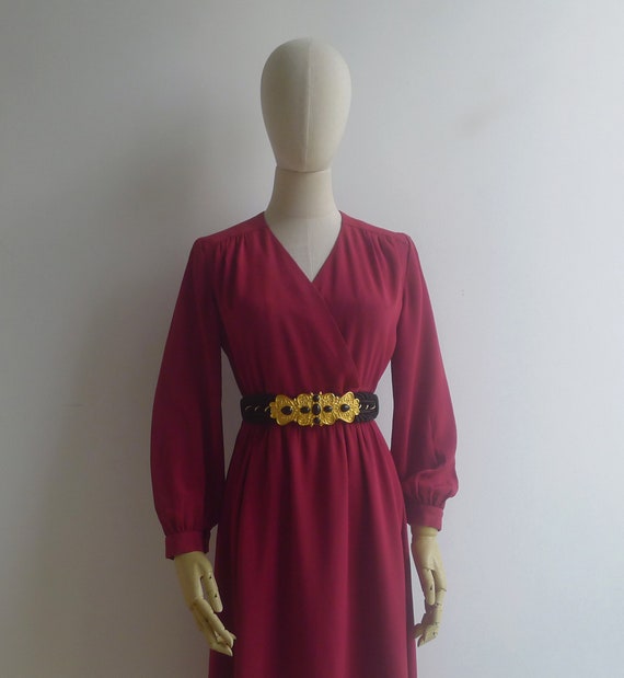 Vintage '80s Ruby Red V-Neck Midi Dress XS-S - image 4