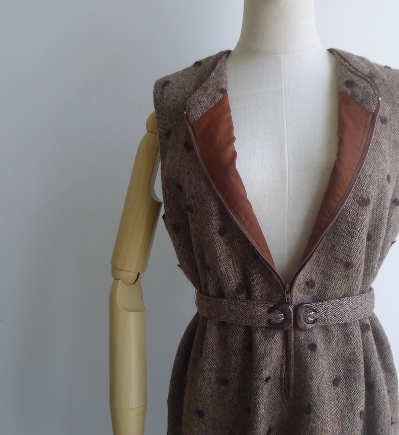 SALE Vintage '70s Brown Polka Dot Wool Tweed Jumper Dress L image 7