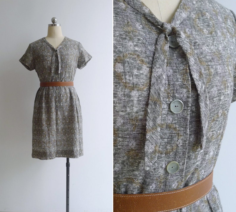 SALE Vintage '60s Moss Green 'Doily Lace' Ribbon Bow Collar Dress M-L image 1