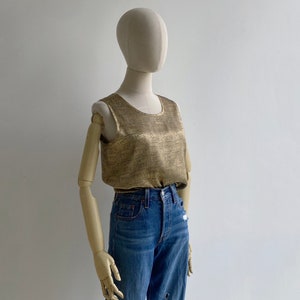 Vintage 1980s Metallic Gold Silk Tank Top S, Retro Blousy Sleeveless Vest Top