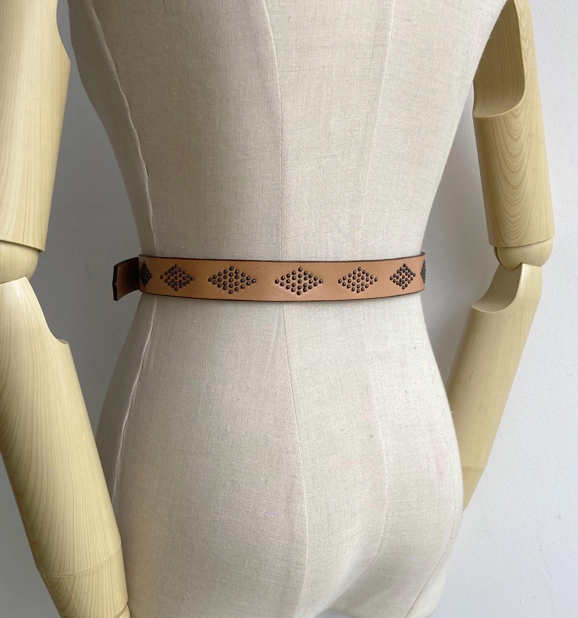 小物 Vintage 80s Studs Design Leather Belt Vintage 80s Brown Studded Leather Belt XS S M, Retro Hippie Style