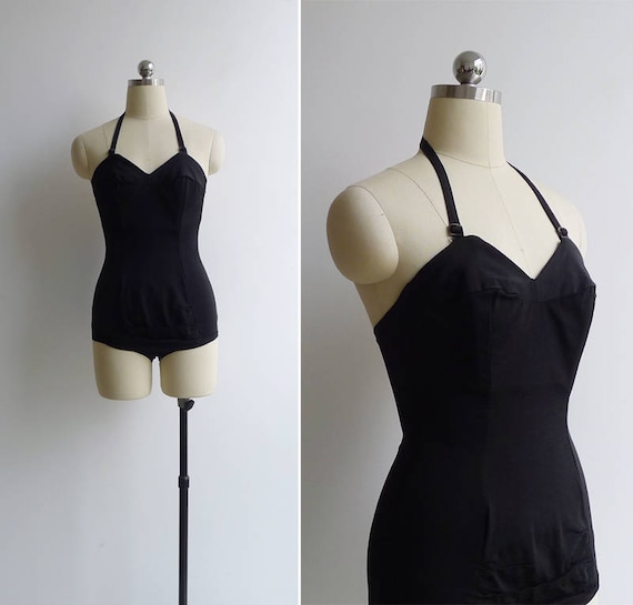 Vintage 50's Black Ruched Bombshell Swimsuit XS-S | Etsy