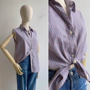 Vintage '90s Baby Blue & Red Gingham Plaid Tank Top M-L image 3