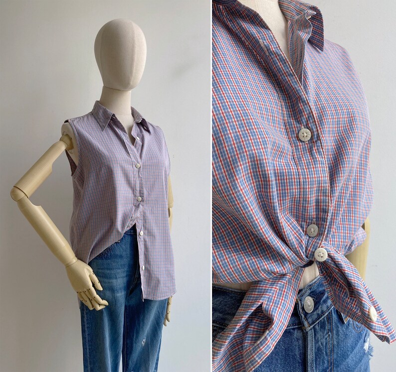 Vintage '90s Baby Blue & Red Gingham Plaid Tank Top M-L image 3