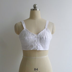 Vintage 1970s Cotton Circle Stitch Bra Top – White Longline Crop Top with Button Front & Picot Trim, S, Deadstock Retro