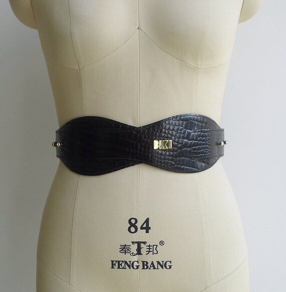 Vintage 80's 'Biki' Black Faux Croc Wide Waspie Be
