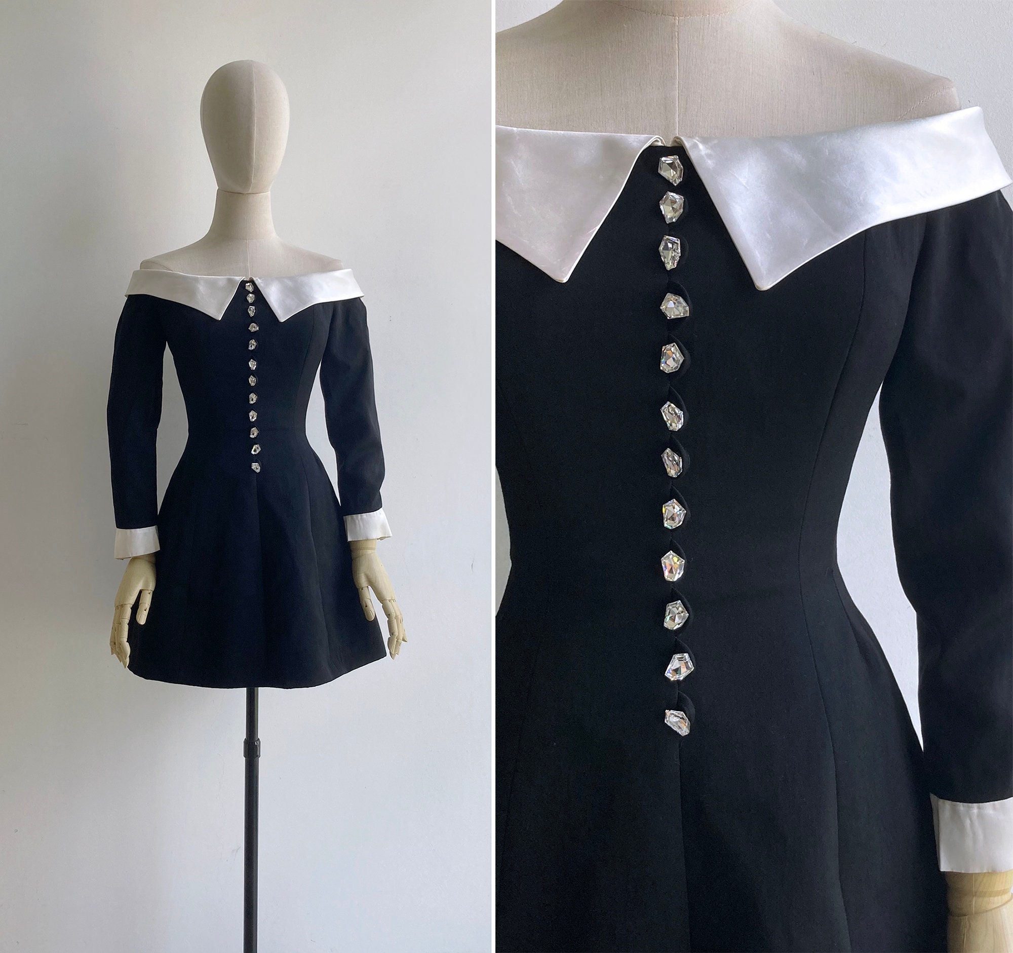 Vintage '80s Lolita Lempicka Tuxedo off Shoulder Mini Dress