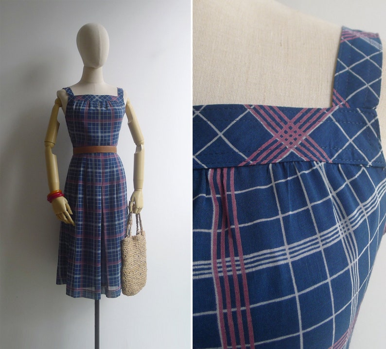 Robe midi à carreaux quadrillé bleu sarcelle et rose poudré vintage des années 80 P-M image 1