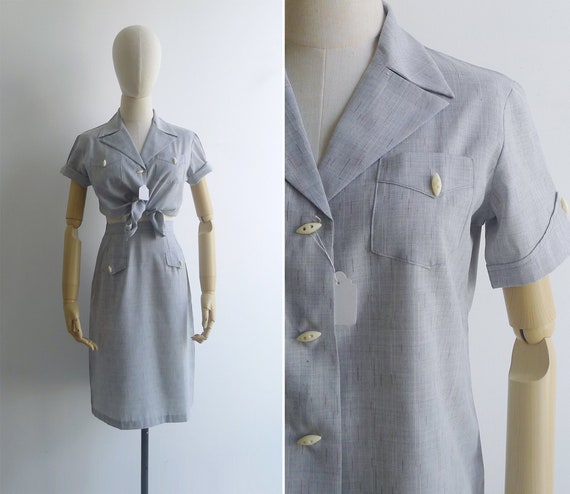 Vintage '70s Grey Chambray Matching Two Piece Top… - image 1