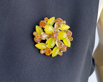 Vintage 60s Citrine Yellow Moonstone & Amber Rhinestone Cluster Brooch, Retro Midcentury Modern Statement Pin