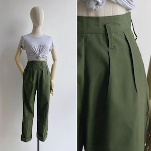 Vintage 70s/80s Military Surplus Army Green Pants XS/S/M/L, Cotton Canvas, High Waist Slim Straight Leg Trousers with Buttons & Pockets