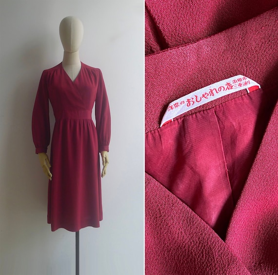 Vintage '80s Ruby Red V-Neck Midi Dress XS-S - image 1