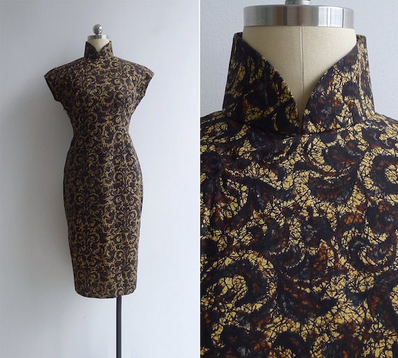 Vintage 50's Golden Batik Black & Brown Print Cheo