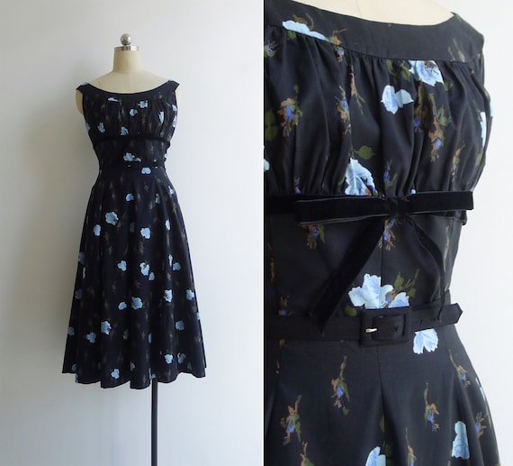 Vintage 50's 'Jerry Gilden' Blue Rose Print Black