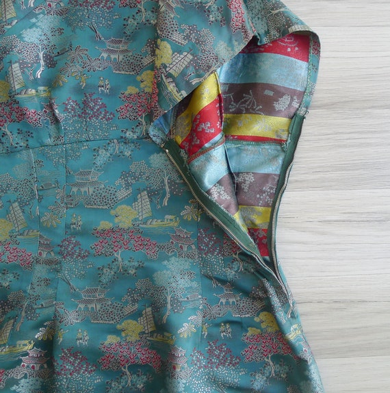 Vintage '40s '50s Teal Green Scenic Silk Brocade … - image 6