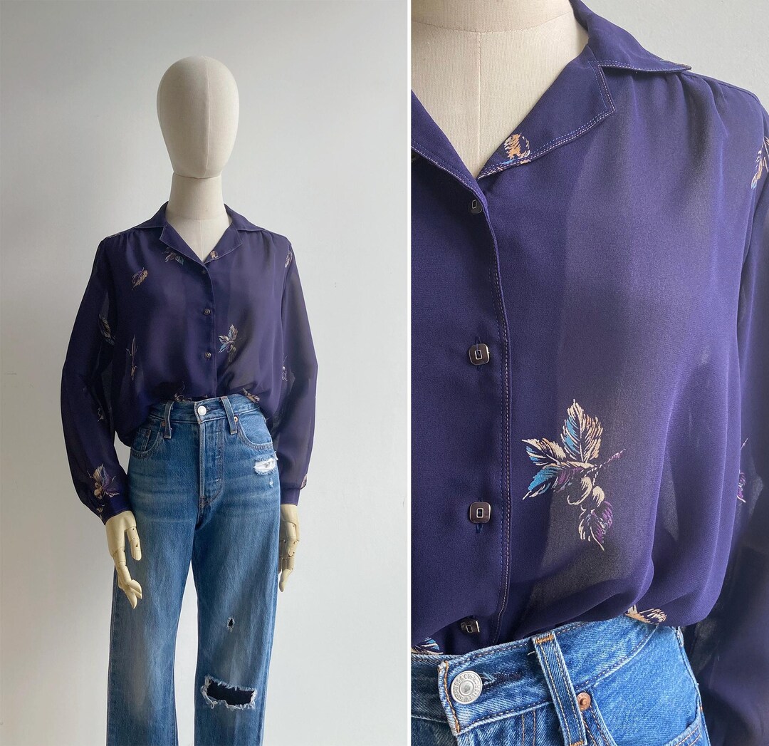 Blusa vintage anni '80 con piume viola e floreali, taglia S-M, top retrò