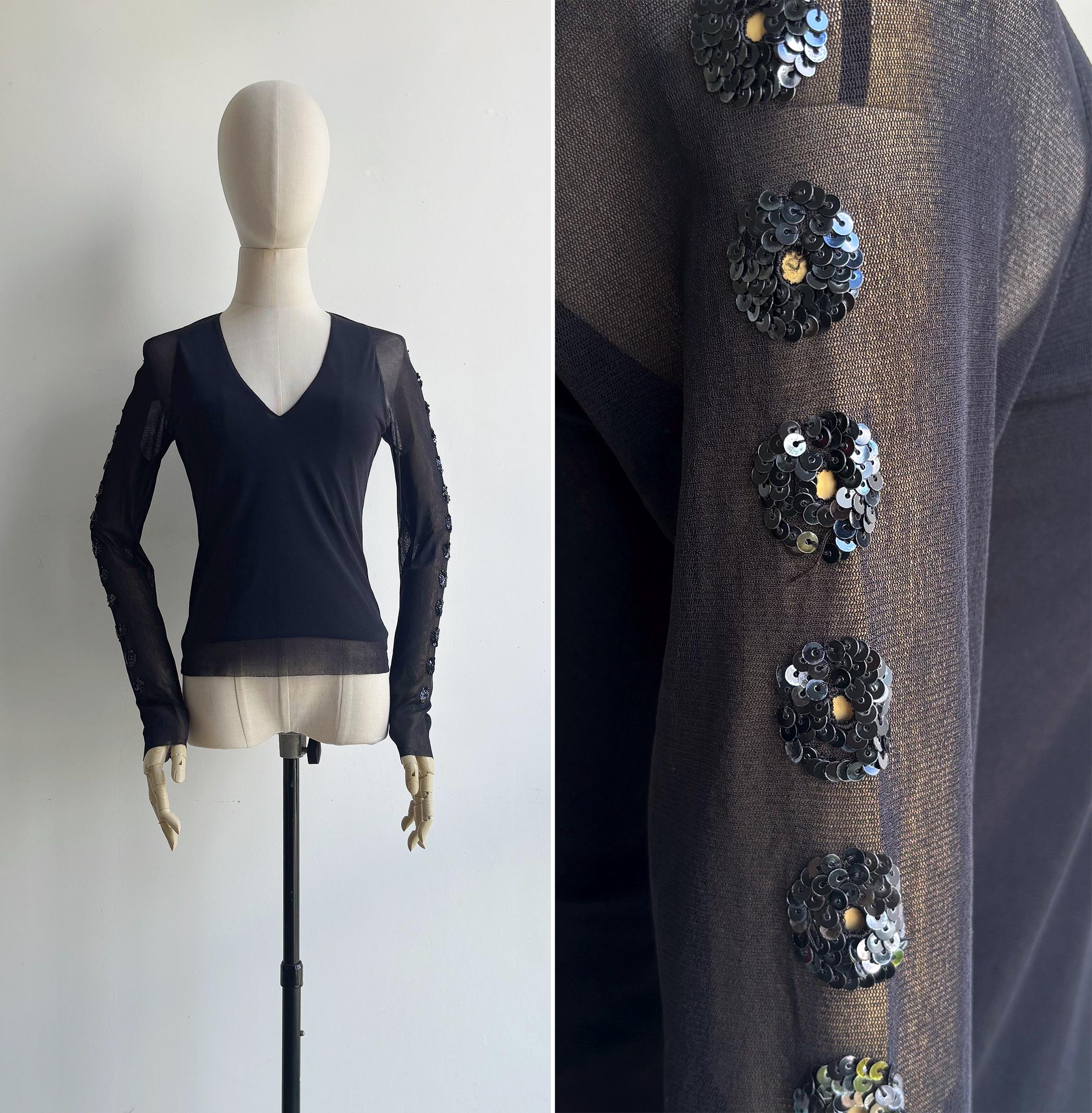 Vivienne Tamデザイン90年代ビンテージシルクトップス[希少] 90s Vivienne Tam Abstract White and Blue Sheer Stretch Mesh T