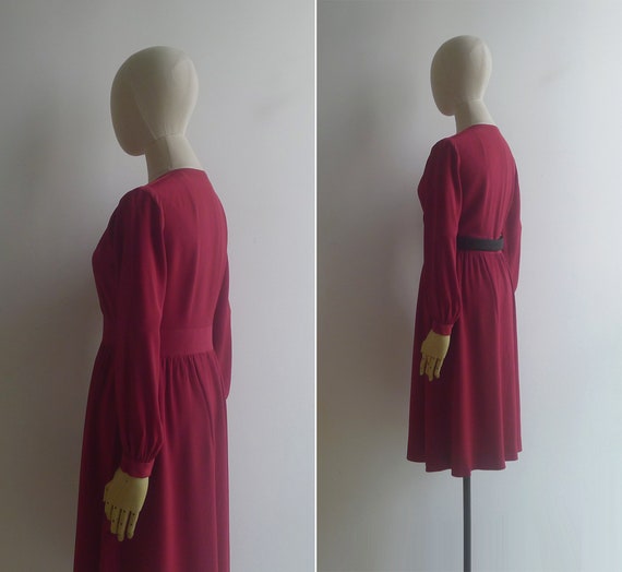 Vintage '80s Ruby Red V-Neck Midi Dress XS-S - image 6