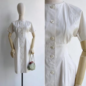 Vintage 80s Cream Grid Textured Wiggle Dress XS-S, Retro Cotton Pencil Fit Midi with Pockets