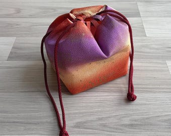 Vintage Sunset Gradient Chirimen Kinchaku Drawstring Purse, Retro Traditional Japanese Dumpling Shaped Handbag Pouch